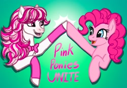 Size: 2048x1431 | Tagged: safe, artist:tygerthezebra, derpibooru import, pinkie pie, earth pony, horse, pony, g4, bow, candi (wild manes), clothes, crossover, duo, duo female, female, high five, leg warmers, mare, open mouth, open smile, raised hoof, raised leg, smiling, wild manes