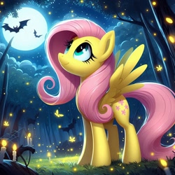 Size: 1024x1024 | Tagged: safe, ai content, derpibooru import, generator:bing image creator, generator:dall-e 3, machine learning generated, fluttershy, bat, pegasus, pony, g4, candle, cute, female, forest, full moon, grass, mare, moon, nature, night, outdoors, prompter:nightofcore, shyabetes, solo, tree