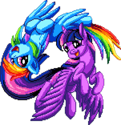 Size: 1057x1092 | Tagged: safe, artist:dragonm97, derpibooru import, rainbow dash, twilight sparkle, twilight sparkle (alicorn), alicorn, pegasus, pony, g4, cute, digital art, duo, duo female, female, flying, lesbian, looking at each other, looking at someone, manepxls, mare, open mouth, pixel art, pxls.space, shipping, simple background, transparent background, twidash, upside down