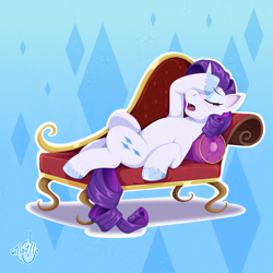 Size: 2000x2000 | Tagged: safe, artist:willoillo, derpibooru import, rarity, pony, unicorn, g4, art, chaisse lounge, dramatic, fainting couch, female, hoof on head, horn, illustration, mare, marshmelodrama, my little pony, open mouth, pillow, rarity being rarity, willoillo