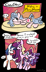 Size: 1155x1797 | Tagged: safe, artist:captainzigo, derpibooru import, cozy glow, princess cadance, princess flurry heart, shining armor, alicorn, pegasus, pony, unicorn, g4, 2 panel comic, comic, dialogue, female, group, horn, lesbian, male, mare, older, older flurry heart, shiningcadance, ship:cozyheart, shipping, speech bubble, stallion, straight, vulgar