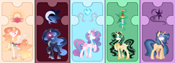 Size: 2259x822 | Tagged: safe, artist:alinamandarina, artist:lunerymish, derpibooru import, princess flurry heart, oc, oc:flowris sunbeam, oc:luneria lokisdottir, oc:luneria sparkle, oc:magical sentry, oc:moonlight eclipse, alicorn, changepony, hybrid, pony, unicorn, g4, female, group, horn, interspecies offspring, mare, offspring, older, older flurry heart, parent:flash sentry, parent:king sombra, parent:loki laufeyson, parent:oc:twivine sparkle, parent:princess celestia, parent:princess luna, parent:thorax, parent:twilight sparkle, parents:flashlight, parents:lumbra, parents:thoralestia