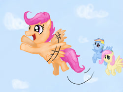 Size: 900x675 | Tagged: safe, artist:vanessacake, derpibooru import, fluttershy, rainbow dash, scootaloo, pegasus, pony, g4, 2012, female, filly, flying, foal, mare, old art, scootaloo can fly, sky