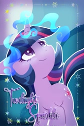 Size: 1373x2048 | Tagged: safe, artist:brella, derpibooru import, twilight sparkle, pony, unicorn, g4, cute, female, horn, looking up, magic, shiny, smiling, solo, stars