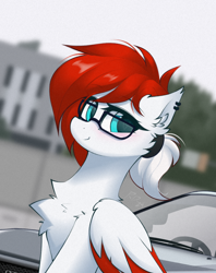 Size: 824x1042 | Tagged: safe, artist:rieyadraws, derpibooru import, oc, oc only, oc:aerobeat, pegasus, pony, blue eyes, blushing, car, chest fluff, colored wings, colored wingtips, ear fluff, ear piercing, ears, glasses, hairband, looking at you, nissan, nissan gt-r, piercing, red hair, smiling, smiling at you, two toned mane, two toned wings, white coat, wings