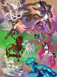 Size: 2138x2894 | Tagged: safe, artist:destiny_manticor, derpibooru import, tantabus, oc, oc only, oc:binghe, oc:crosshatch, oc:ectoplasm, oc:maxie, oc:princess sea swirl, oc:sabel, oc:solar flare, oc:summerfall, oc:zixxer, alicorn, angel, bug pony, changeling, draconequus, hybrid, insect, kirin, merpony, original species, pegasus, pony, unicorn, zebra, cloud, cloud pony, colored wings, crystal wings, curly hair, curly mane, curved horn, ethereal mane, ethereal tail, eyes closed, fangs, female, flying, horn, insect wings, jewelry, long mane, looking at each other, looking at someone, male, mare, mountain, no mouth, one eyed, plush pony, plushie, ring, river, rock, sitting, smiling, stallion, standing, tail, transparent wings, two toned mane, two toned wings, unshorn fetlocks, water, wings