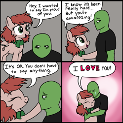 Size: 651x654 | Tagged: safe, alternate version, artist:anonymous, artist:vomitvomiting, derpibooru import, oc, oc only, oc:anon, oc:harmony hugs, earth pony, human, pony, g4, 4 panel comic, black t-shirt, clothes, colored, comic, crying, drawthread, duo, duo male and female, earth pony oc, emotional support, female, female oc, frame, gradient background, heart, heart background, hug, human oc, i love you, male, mare, missing accessory, ponified, ponified comic, pony oc, praise, requested art, shirt, species swap, t-shirt, teary eyes