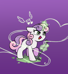 Size: 2459x2711 | Tagged: safe, artist:brella, artist:brella233, derpibooru import, sweetie belle, pony, unicorn, g4, cute, female, filly, foal, glowing, glowing horn, gradient background, horn, magic, music notes, open mouth, open smile, purple background, simple background, singing, smiling, solo