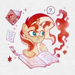 Size: 3130x3130 | Tagged: safe, artist:miss-aciturn, derpibooru import, sunset shimmer, pony, unicorn, g4, book, female, fire, horn, mare, paper, question mark, scroll, solo, sparkles, yellow coat