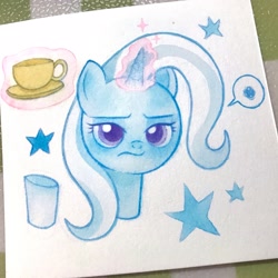 Size: 2160x2160 | Tagged: safe, artist:miss-aciturn, derpibooru import, trixie, pony, unicorn, g4, bust, coffee, female, horn, mare, photo, portrait, solo, traditional art, trixie is not amused, unamused