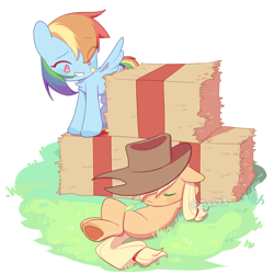 Size: 1680x1680 | Tagged: safe, artist:mohuansi, derpibooru import, applejack, rainbow dash, earth pony, pegasus, pony, g4, duo, duo female, eyebrows, eyebrows visible through hair, eyes closed, female, hay bale, mouth hold, simple background, sleeping, straw in mouth, white background