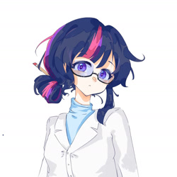 Size: 1680x1680 | Tagged: safe, alternate version, artist:mumujiaowoshuxueyingyuhehuaxue, derpibooru import, sci-twi, twilight sparkle, human, alternate hairstyle, clothes, female, glasses, hair bun, humanized, lab coat, looking at you, pencil, pencil in hair, simple background, solo, white background