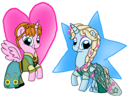 Size: 1024x768 | Tagged: safe, artist:daniarts19, derpibooru import, alicorn, pony, g4, anna (frozen), braid, clothes, cute, disney, dress, duo, elsa, eyeshadow, female, flower, flower in hair, folded wings, frozen (movie), frozen fever, looking at you, makeup, ponified, rearing, siblings, simple background, sisters, smiling, species swap, spread wings, standing on three hooves, sunflower, transparent background, wings