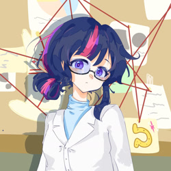 Size: 1680x1680 | Tagged: safe, artist:mumujiaowoshuxueyingyuhehuaxue, derpibooru import, sci-twi, twilight sparkle, human, alternate hairstyle, clothes, conspiracy board, female, glasses, hair bun, humanized, lab coat, looking at you, note, pencil, pencil in hair, solo, thread, yarn