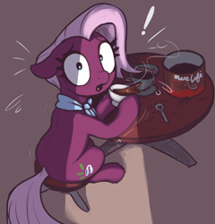 Size: 2300x2400 | Tagged: safe, artist:t72b, derpibooru import, jasmine leaf, earth pony, pony, g4, betrayal, caught, coffee, coffee cup, cup, dark, drink, female, from above, heresy, hoof hold, looking at you, looking back, looking back at you, mare, neckerchief, not opaline arcana, sitting, spilled drink, spoon, surprised