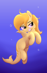 Size: 2500x3800 | Tagged: safe, artist:algoatall, derpibooru import, noi, original species, shark, shark pony, bubble, crepuscular rays, dorsal fin, female, fin, fish tail, flowing mane, flowing tail, gills, grin, ocean, scales, shark tail, shark teeth, sharp teeth, smiling, smirk, solo, sunlight, swimming, tail, teeth, underwater, water