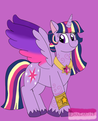 Size: 1680x2066 | Tagged: safe, artist:daniarts19, derpibooru import, twilight sparkle, twilight sparkle (alicorn), alicorn, pony, g4, bracelet, colored wings, female, jewelry, looking to side, looking to the left, mare, multicolored wings, regalia, smiling, solo, spread wings, unshorn fetlocks, wings