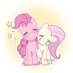 Size: 1680x1680 | Tagged: safe, artist:mohuansi, derpibooru import, fluttershy, pinkie pie, earth pony, pegasus, pony, cute, diapinkes, eyes closed, gradient background, simple background