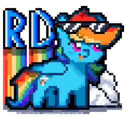 Size: 652x620 | Tagged: safe, artist:xinjinjumin185202104434, derpibooru import, rainbow dash, pegasus, pony, g4, cloud, digital art, female, folded wings, initials, looking to side, looking to the left, mare, open mouth, pixel art, rainbow, sunglasses, wings