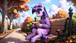 Size: 2560x1440 | Tagged: safe, ai content, derpibooru import, generator:pony diffusion v6 xl, generator:stable diffusion, machine learning generated, twilight sparkle, unicorn twilight, pony, unicorn, g4, autumn, bench, book, bush, clothes, cloud, day, female, fence, horn, leaf, leaves, mare, park, park bench, prompter:infernum, reading, sitting, smiling, solo, sweater, three quarter view, tree, unshorn fetlocks, wallpaper