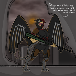 Size: 1600x1600 | Tagged: safe, artist:penandpapernsfw, derpibooru import, oc, oc only, oc:ragini, anthro, griffon, fallout equestria, fallout equestria: murky number seven, fanfic art, female, gun, solo, weapon