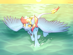 Size: 4816x3664 | Tagged: safe, artist:helemaranth, derpibooru exclusive, derpibooru import, oc, oc only, oc:merrifeather, pegasus, pony, colored wings, commission, evening, eye clipping through hair, eyebrows, eyebrows visible through hair, female, flying, golden eyes, high angle, horizon, jewelry, leonine tail, looking at you, looking up, looking up at you, mare, necklace, ocean, pegasus oc, ponytail, skimming, smiling, smiling at you, solo, spread wings, sun, tail, two toned mane, two toned tail, two toned wings, unshorn fetlocks, vial, water, wings