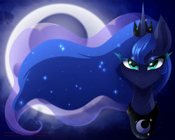 Size: 1000x800 | Tagged: safe, artist:katethedeath1, derpibooru import, princess luna, alicorn, pony, g4, crown, ethereal mane, eyeshadow, female, head only, jewelry, long mane, looking at you, makeup, mare, moon, regalia, royalty, solo