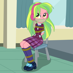 Size: 2000x2000 | Tagged: safe, artist:nie-martw-sie-o-mnie, derpibooru import, part of a set, lemon zest, human, equestria girls, g4, bondage, bound and gagged, chair, cloth gag, clothes, crystal prep academy uniform, female, femsub, gag, headphones, rope, rope bondage, school uniform, shoes, sitting, skirt, socks, solo, submissive