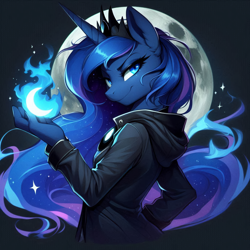 Size: 2048x2048 | Tagged: safe, ai content, derpibooru import, generator:bing image creator, generator:dall-e 3, machine learning generated, princess luna, alicorn, anthro, g4, black background, blue fire, clothes, crescent moon, crown, female, fire, hand, holding, jacket, jewelry, long hair, magic, mare, moon, prompter:montaraz13, regalia, side view, simple background, smiling, smug, smug smile, solo, spell, wingless, wingless alicorn, wingless anthro