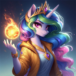 Size: 2048x2048 | Tagged: safe, ai content, derpibooru import, generator:bing image creator, generator:dall-e 3, machine learning generated, princess celestia, alicorn, anthro, g4, bracelet, clothes, crown, female, fireball, gradient background, hand, holding, jacket, jewelry, long hair, magic, mare, necklace, prompter:montaraz13, regalia, smiling, solo, spell, sun, wingless, wingless alicorn, wingless anthro