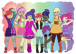 Size: 1023x731 | Tagged: safe, artist:aurorepeachie, derpibooru import, applejack, fluttershy, pinkie pie, rainbow dash, rarity, sunset shimmer, twilight sparkle, human, equestria girls, friendship through the ages, g4, 2015, clothes, country applejack, dark skin, female, folk fluttershy, human coloration, humane five, humane seven, humane six, light skin, multicolored hair, new wave pinkie, old art, rainbow hair, rainbow punk, sgt. rarity, tan skin