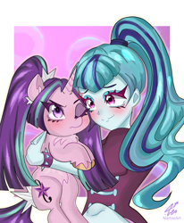 Size: 1206x1462 | Tagged: safe, artist:namieart, derpibooru import, aria blaze, sonata dusk, human, pony, unicorn, equestria girls, g4, ariabetes, blushing, chest fluff, cross-popping veins, cute, duo, duo female, emanata, equestria girls ponified, female, frown, holding a pony, horn, hug, lesbian, one eye closed, passepartout, ponified, ship:arisona, shipping, smiling, sonatabetes, species swap, unicorn aria blaze, unshorn fetlocks