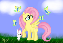 Size: 900x608 | Tagged: safe, artist:itiffanyblue, derpibooru import, angel bunny, fluttershy, butterfly, pegasus, pony, rabbit, g4, 2011, animal, artifact, female, mare