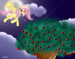 Size: 1024x797 | Tagged: safe, artist:itiffanyblue, derpibooru import, fluttershy, bat pony, pony, g4, 2014, apple, apple tree, bat ponified, flutterbat, full moon, moon, night, race swap, tree