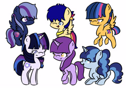 Size: 2500x1750 | Tagged: safe, artist:aurorepeachie, derpibooru import, oc, oc only, oc:andromeda, oc:nebula (aurorepeachie), oc:slumber party, oc:starburst, oc:starry gleam, oc:stella nova, alicorn, earth pony, pegasus, pony, unicorn, g4, female, horn, interdimensional siblings, offspring, parent:flash sentry, parent:twilight sparkle, parents:flashlight, siblings, simple background, sisters, solo, white background