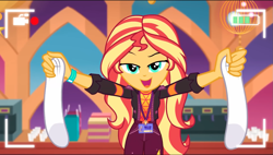 Size: 1375x779 | Tagged: safe, derpibooru import, screencap, sunset shimmer, human, better together, equestria girls, g4, bag, camera shot, clothes, cup, drink dispenser, how to backstage, humanized, out of context, paper bag, socks, solo