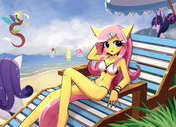 Size: 1920x1380 | Tagged: safe, artist:howxu, derpibooru import, applejack, discord, fluttershy, pinkie pie, rainbow dash, rarity, twilight sparkle, anthro, draconequus, plantigrade anthro, barefoot, beach, beach chair, belly, belly button, bikini, breasts, butt, chair, cleavage, clothes, cross-popping veins, emanata, feet, female, hootershy, laughing, male, mane six, ocean, pointing, rearity, solo focus, swimsuit, water