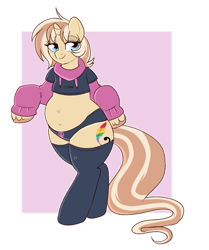 Size: 862x1030 | Tagged: safe, artist:lulubell, derpibooru import, oc, oc only, oc:lulubell, pony, unicorn, belly, belly button, bipedal, chubby, clothes, fat, female, freckles, horn, mare, paggi outfit, panties, short shirt, socks, solo, stockings, thigh highs, underwear