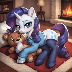 Size: 1024x1024 | Tagged: safe, ai content, derpibooru import, generator:pony diffusion v6 xl, generator:stable diffusion, machine learning generated, rarity, g4, bookshelf, carpet, clothes, fireplace, hug, pillow, plushie, prompter:thelight3d, stockings, teddy bear, thigh highs