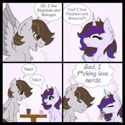 Size: 2048x2048 | Tagged: safe, artist:azaleavix, derpibooru import, oc, oc only, pegasus, pony, unicorn, censored, censored vulgarity, chest fluff, comic, drink, drinking, drinking glass, drinking straw, duo, duo male and female, ear fluff, ears, female, glass, horn, implied bakugan, implied beyblade, implied minecraft, implied pokemon, male, mare, nerd, oc name needed, stallion, vulgar