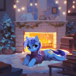 Size: 1024x1024 | Tagged: safe, ai content, derpibooru import, generator:pony diffusion v6 xl, generator:purplesmart.ai, generator:stable diffusion, machine learning generated, minuette, book, carpet, clothes, decoration, fire, fireplace, lights, night, potted plant, prompter:jesterofdestiny, solo, string lights, sweater, turtleneck, turtleneck sweater