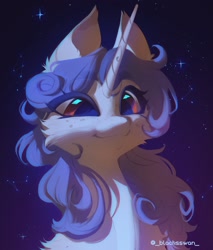 Size: 1746x2048 | Tagged: safe, artist:blcksswn, derpibooru import, oc, oc only, pony, unicorn, big ears, big eyes, blue eyelashes, blue mane, bust, cheek fluff, colored eyelashes, commission, constellation, detailed, digital painting, ear fluff, ears, eye clipping through hair, fluffy, freckles, horn, lineless, long horn, long mane, oc name needed, orange eyes, portrait, shiny eyes, shoulder fluff, signature, smiling, solo, starry background, stars, unicorn horn, unicorn oc, white coat