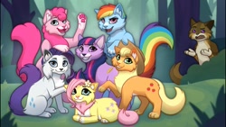 Size: 1280x720 | Tagged: safe, artist:blixemi, derpibooru import, applejack, fluttershy, pinkie pie, rainbow dash, rarity, twilight sparkle, oc, cat, applecat, catified, fluttercat, grass, group, lying down, mane six, mane six opening poses, my little x, pinkie cat, rainbow cat, raricat, species swap, straw in mouth, tree, twilight cat, warrior cats, youtube thumbnail