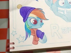 Size: 4032x3024 | Tagged: safe, artist:miss-aciturn, derpibooru import, rainbow dash, pegasus, pony, g4, clothes, female, hat, mare, photo, scarf, solo, traditional art, watercolor painting