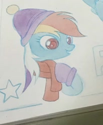 Size: 1119x1366 | Tagged: safe, artist:miss-aciturn, derpibooru import, rainbow dash, pegasus, pony, g4, clothes, female, gloves, hat, mare, photo, scarf, solo, traditional art, watercolor painting, wip