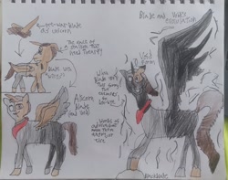 Size: 3305x2604 | Tagged: safe, artist:blackblade360, derpibooru import, oc, oc only, oc:blade, alicorn, pony, unicorn, fallout equestria, alicorn oc, angry, artificial alicorn, brown coat, brown eyes, brown mane, brown tail, colored pencil drawing, creepy, crying, dark magic, evolution, glowing, glowing eyes, horn, implied experimenting, implied torture, irl, looking at you, magic, male, modified, not pony of shadows, now you fucked up, one ear down, open mouth, pain, paper, photo, rock, sad, shadow, shadow pony, signature, spread wings, stallion, stallion oc, story included, tail, traditional art, wings