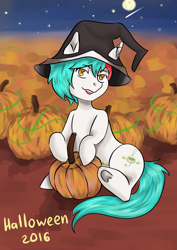 Size: 2507x3541 | Tagged: safe, artist:haodz, derpibooru import, oc, oc only, earth pony, pony, hat, moon, pumpkin, shooting star, solo, stars, witch hat