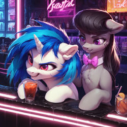 Size: 1216x1216 | Tagged: safe, ai content, derpibooru import, generator:pony diffusion v6 xl, generator:stable diffusion, machine learning generated, dj pon-3, octavia melody, vinyl scratch, pony, unicorn, g4, alcohol, bar, bow, cocktail, cyberpunk, drink, duo, female, horn, implied shipping, neon, octavia's bowtie, prompter:star-dragon