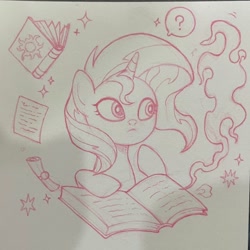 Size: 1826x1826 | Tagged: safe, artist:miss-aciturn, derpibooru import, sunset shimmer, pony, unicorn, g4, book, horn, lineart, pencil drawing, solo, traditional art