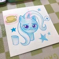 Size: 2160x2160 | Tagged: safe, artist:miss-aciturn, derpibooru import, trixie, pony, unicorn, g4, bust, coffee, female, horn, mare, photo, portrait, traditional art, trixie is not amused, unamused